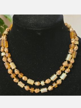 Vintage Amber & Gold Beaded Hong Kong Neckkace